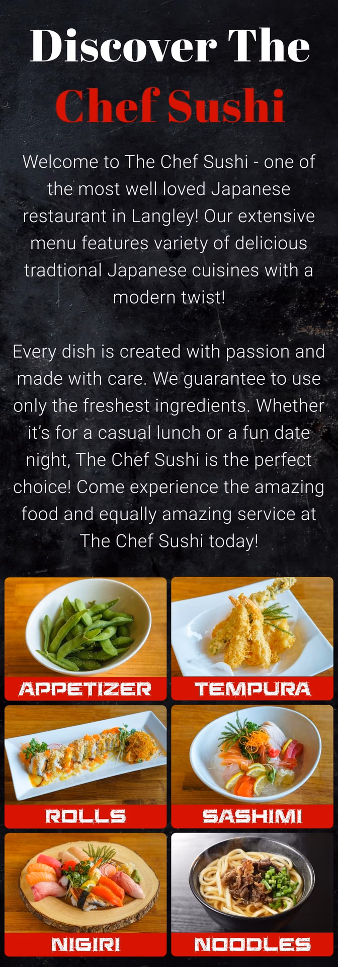 What is on chef sushi menu in Langley BC?