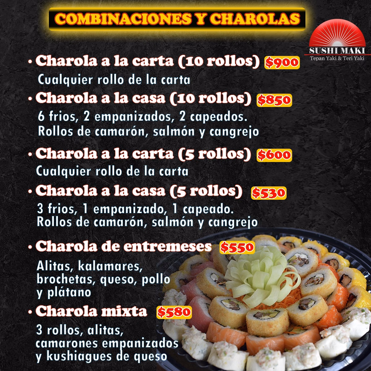 ¿Cuántas comidas y bebidas hay en la carta de sushi Maki?